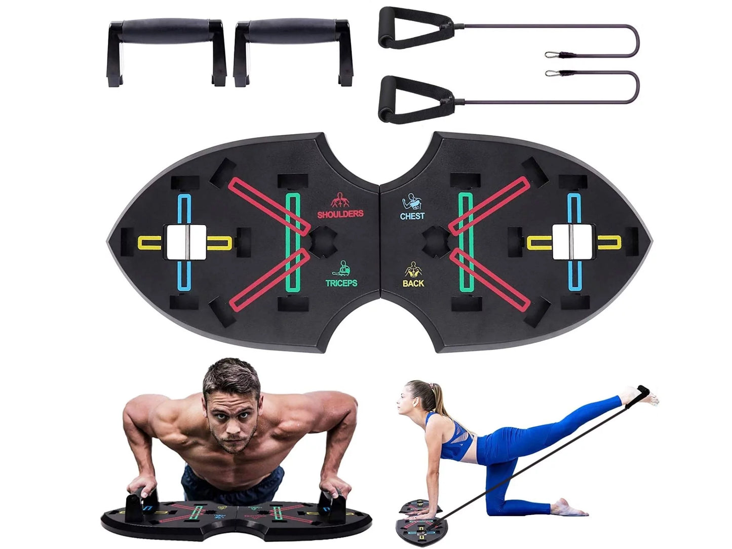 12 in 1 Push up Rack Board System Fitness Workout Train Gym Exercise with 2 Resistance Bands